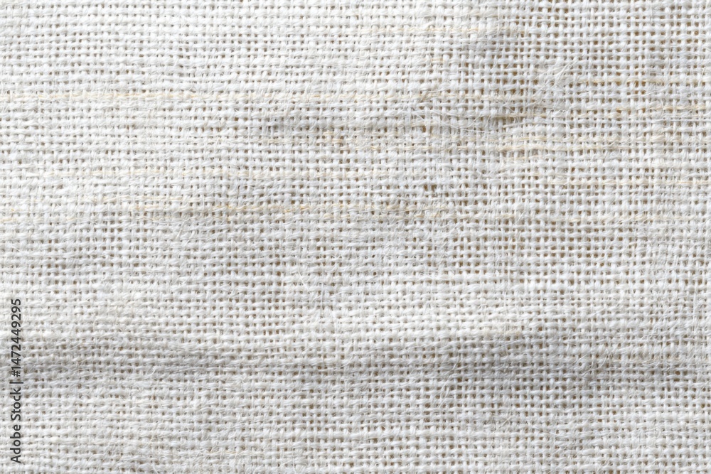 Poster close-up view of off-white linen fabric texture, showing intricate weave pattern and subtle variatio