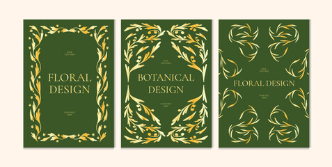 Set of elegant botanical templates with golden gradient foliage on dark green. Vintage art nouveau layout with borders and leaves. Vector flat illustration for posters, packaging, invitations