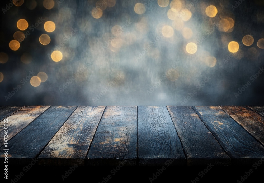 Poster dark wooden table against a blurred background of golden bokeh lights and smoky grey hues, perfect f