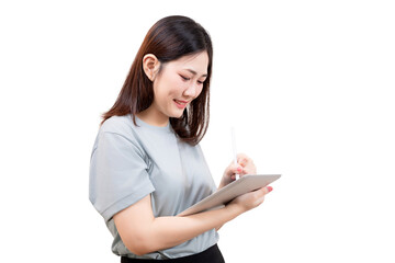 Asian beautiful young woman using a digital tablet and stylus, appearing focused and engaged.
