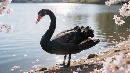 Obraz premium Black swan standing on the shore of a lake with cherry blossoms in spring, its head turned in a graceful pose, basking in the sunlight 8K