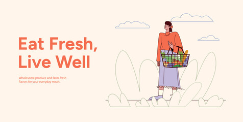 Young Woman Holding Grocery Basket Full of Fresh Vegetables. Eat Fresh Live Well Banner Concept. Healthy Organic Food, Farm Produce. Flat Vector Illustration with Light Background