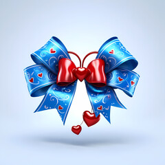 Bright blue bow with artistic heart designs and dynamic shading. Features a striking red heart centerpiece for a charming, whimsical style, isolated  