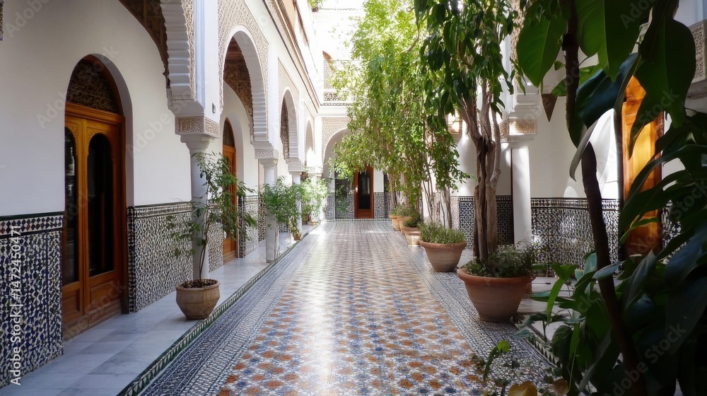 Poster sunlit courtyard with traditional moroccan architecture and lush greenery, featuring intricate tilew