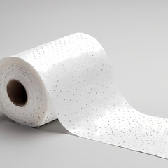 Close-up of a white toilet paper roll, textured with small dots. Its clean 