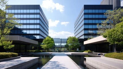 Modern corporate campus with two sleek glass buildings, a central courtyard, and reflecting pools, showcasing a tranquil and professional atmosphere. : Generative AI