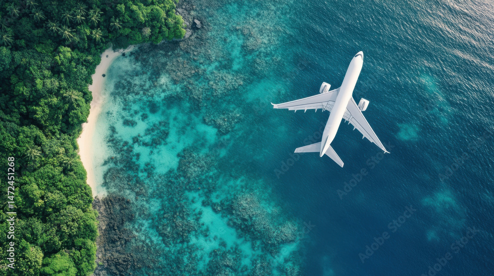 Aufkleber aerial view of a passenger airplane flying over a tropical island with a pristine beach and vibrant 