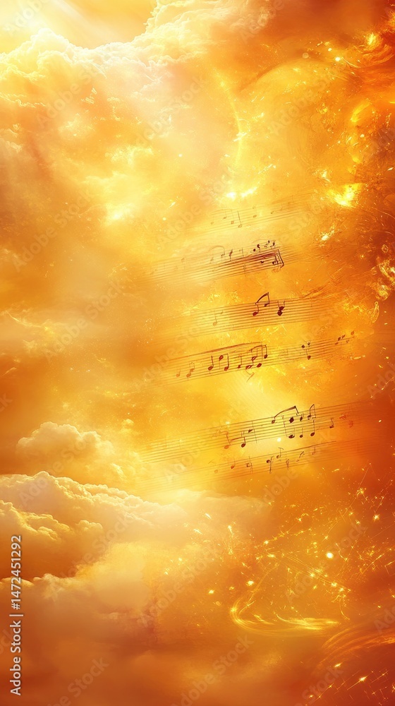 Poster abstract representation of heavenly light emanating from above with golden hues and a multitude of i