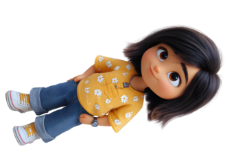 Adorable cartoon girl in yellow daisy shirt and blue jeans posing cheerfully upwards 3d fun kid cute on transparent background