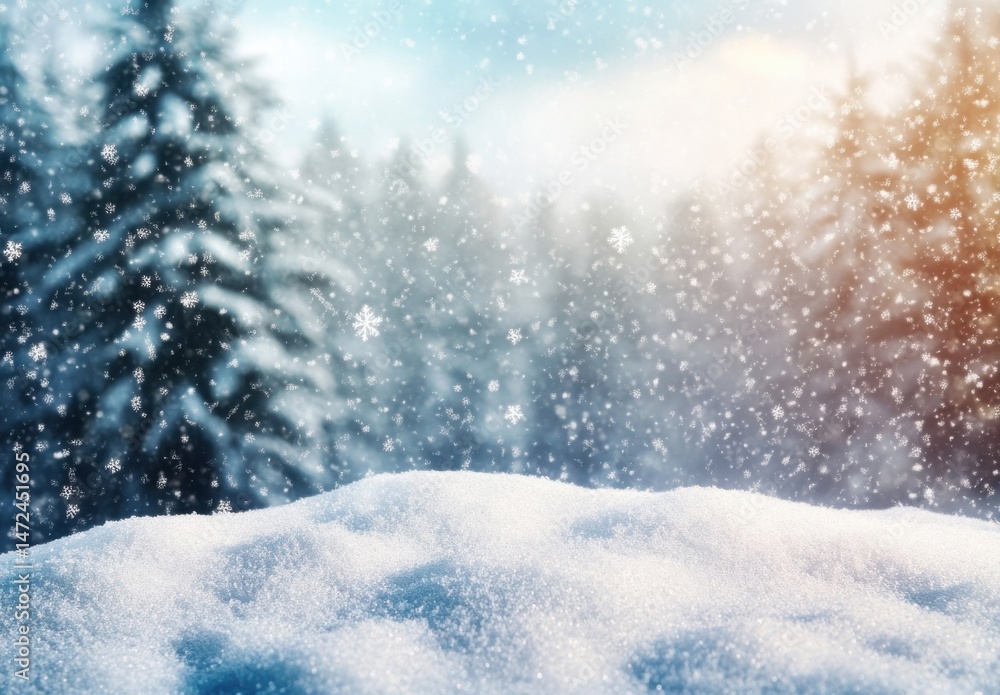 Poster A pristine snowdrift in a winter wonderland, with falling snowflakes and a blurred background of snow-covered pine trees under a bright, winter sky. : Generative AI