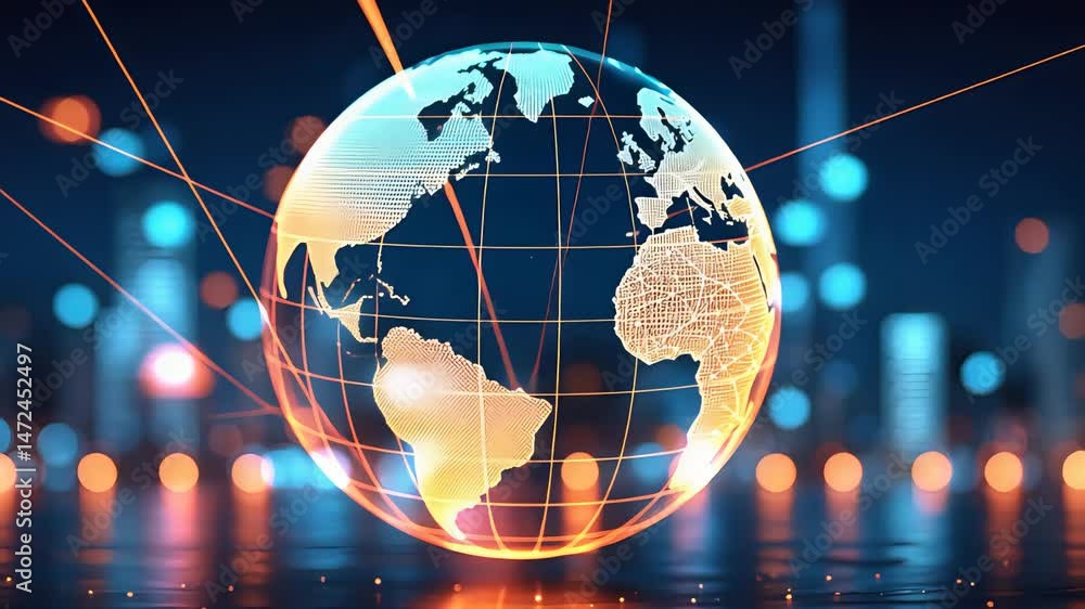 Poster glowing digital globe with orange network lines over reflective surface in futuristic cityscape envi