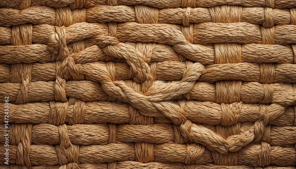 Poster a close-up view of tightly woven thick rope forming a heart shape within a larger square pattern.