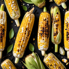 Grilled corn on the cob with golden kernels, charred lines, and fresh green husks, evoking summer barbecues and rustic flavors. Isolated  