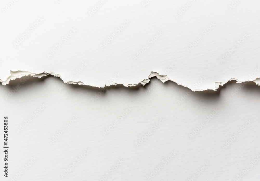Poster A horizontally torn piece of off-white paper reveals a textured surface beneath, creating a dramatic and visually interesting design element. : Generative AI