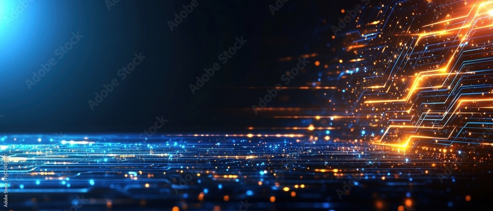 Poster abstract technology background shows blue and orange glowing lines and particles in a complex networ