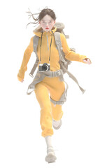 Obraz premium Young woman traveler running with backpack and camera stylish adventure outfit yellow clothes active on transparent background 3d