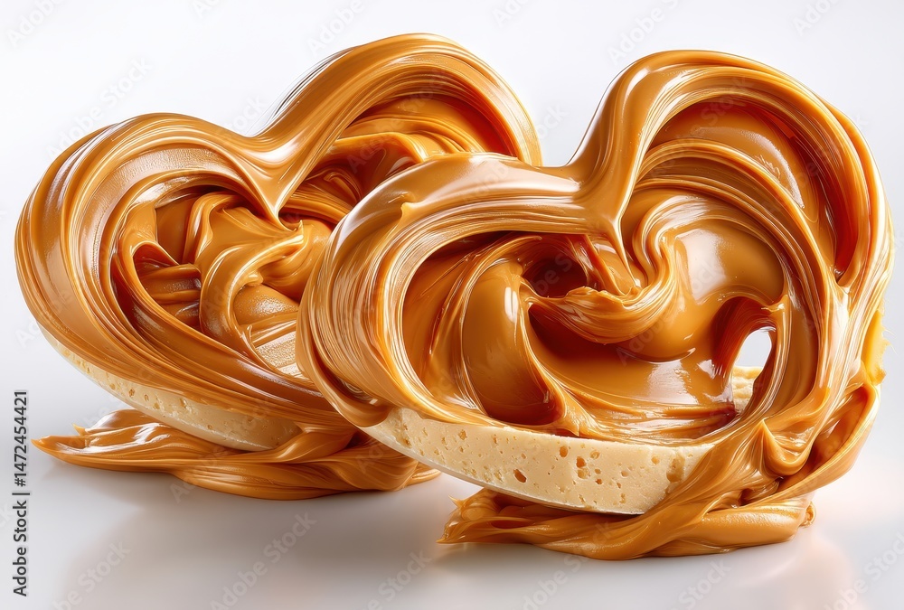 Poster heart-shaped swirls of creamy caramel with smooth texture on soft background highlighting deliciousn