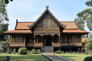 Fototapeta premium Traditional Wooden House With Intricate Carvings And Brown Roof