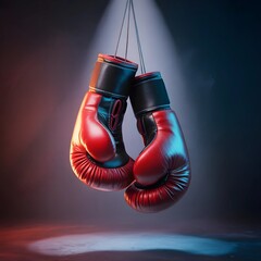 Red and Black Boxing Gloves Hanging on a Dark Background – Symbol of Combat, Strength, and Professional Boxing Training Gear in a Studio Setting