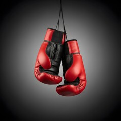 Red and Black Boxing Gloves Hanging on a Dark Background – Symbol of Combat, Strength, and Professional Boxing Training Gear in a Studio Setting
