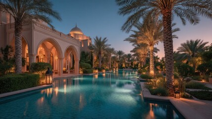 Fototapeta premium Luxury desert resort pool at dusk