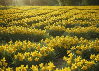 Obraz premium A carpet of bright yellow daffodils blankets a verdant field bathed in sunlight , lush green field, sunny