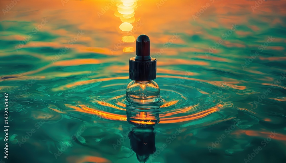 Poster a clear dropper bottle releases a single drop into rippling turquoise and orange water, creating con