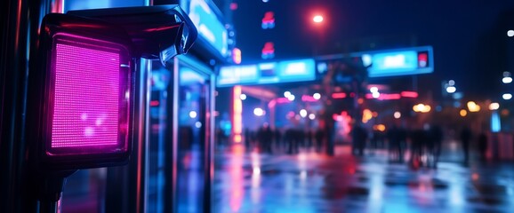 A Neon-Lit Urban Nightscape: A Pedestrian Crossing Signal Lights the Way