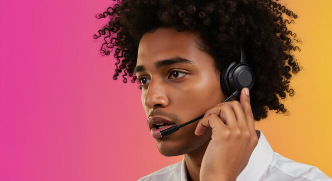 African American man with curly hair adjusting headset microphone against pink and yellow gradient background. Professional customer service for call center support and technical assistance services