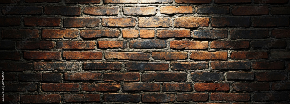 Poster a textured brick wall illuminated by a single spotlight, showcasing a variety of dark red and brown 