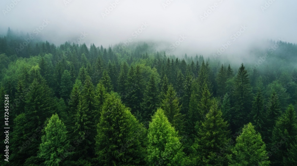 Poster aerial view of a lush evergreen forest shrouded in mist, showcasing the dense canopy of tall pine tr