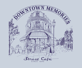 Paris street cafe hand drawn vector art, French downtown street vector art, European travel artwork for t shirt, poster, wall art, screen print