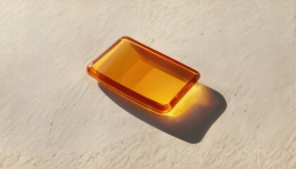 a translucent amber-colored rectangular gel capsule casts a soft shadow on a lightly textured cream-colored surface.