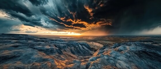 Fototapeta premium Dramatic sunset over rocky hills with storm clouds
