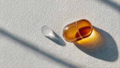 Obraz premium a broken amber-colored capsule casts a soft shadow on a textured white surface, suggesting health, wellness, or supplementation.