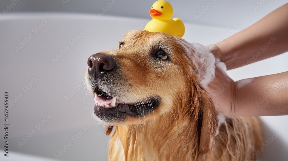 Poster golden retriever dog enjoys a bath with a yellow rubber ducky on its head, soapy water and bubbles. 