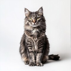 Obraz premium A majestic Norwegian Forest Cat sits patiently, its grey and brown tabby fur highlighted against a simple white backdrop. The cat's intense yellow eyes and fluffy tail are striking de : Generative AI