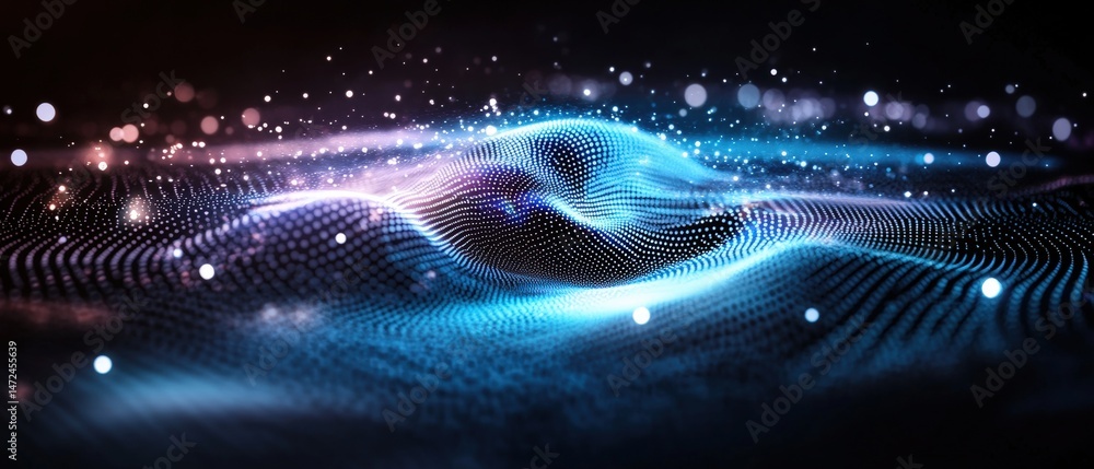 Poster abstract digital landscape showing flowing data points with a glowing wave effect in blue.