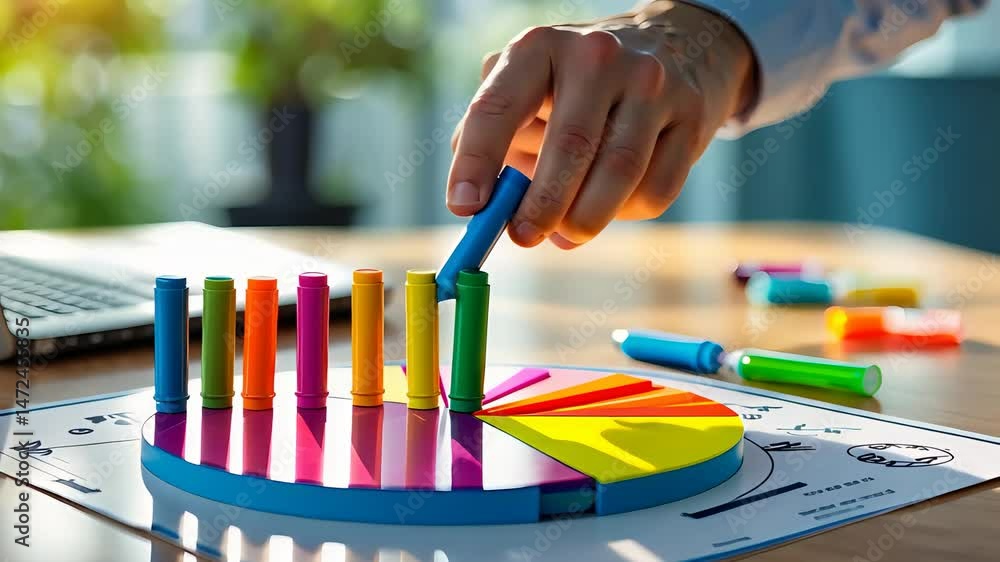 Poster hand arranging colorful 3d bar graph and pie chart segments on office desk with documents, markers, 