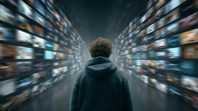 Man walking through corridor of fast moving images, concept of social media