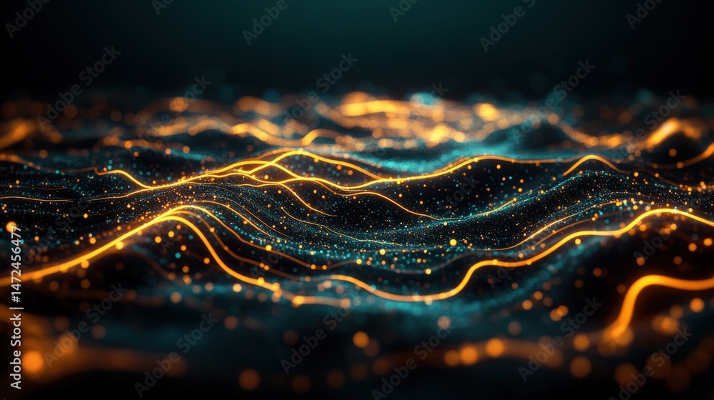 Poster abstract glowing golden lines weave through teal and blue particles on a dark gradient backdrop desi