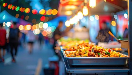 Street Food Delight: A vibrant street food stall at a bustling night market showcases a mouthwatering array of culinary delights. A sensory experience that brings you to a world of flavor.
