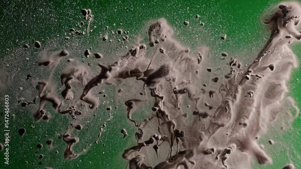Poster ink particles swirling, blending, creating dynamic abstract shapes against vibrant green screen back