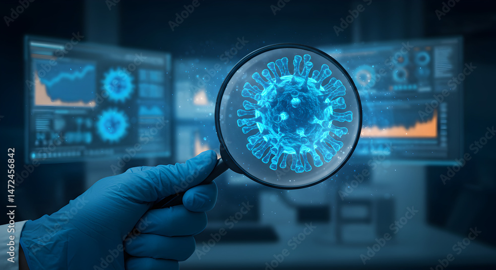 Poster close up of hand in blue glove examining virus with magnifying glass on digital monitor displaying b