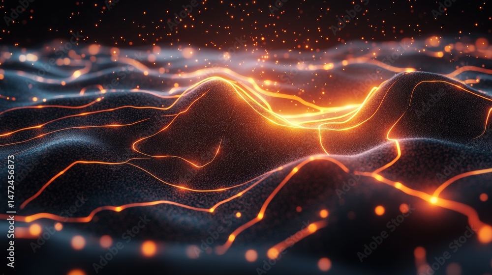 Poster abstract glowing lines trace across a dark rippled surface creating a technological and futuristic s