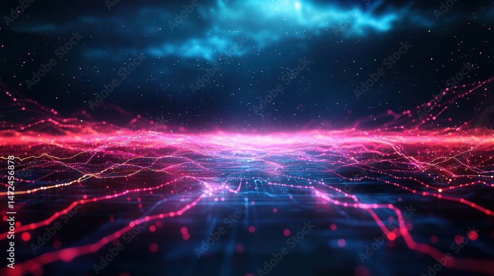 Poster abstract pink and blue light data flows and connects to create a futuristic digital network space sc