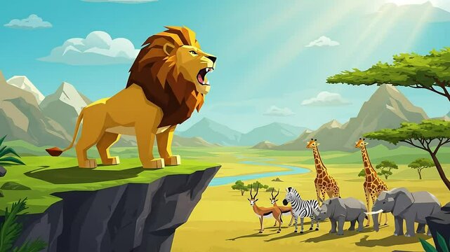 Animated cartoon illustration of a roaring lion and african animals on a savannah landscape scene, Generative AI