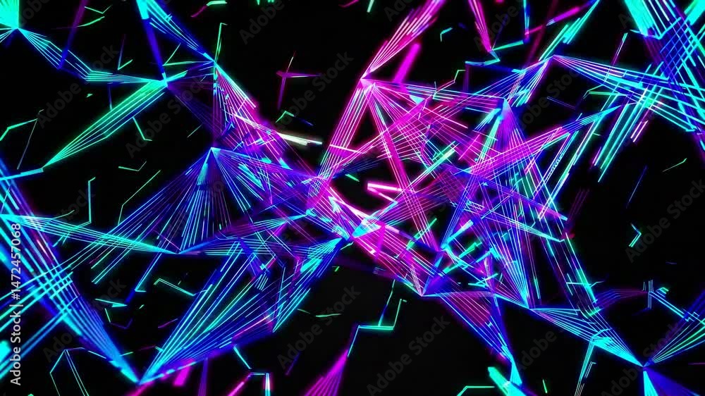 Poster complex geometric shapes evolving, forming futuristic wave patterns with vibrant colors on a black b