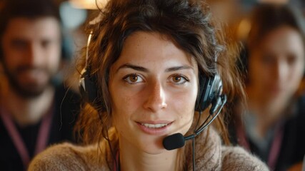 Young receptionist wearing headset talking to client in busy office