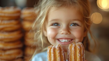 Naklejka premium Child holding churros, happy expression, surrounded by donuts, cafe setting